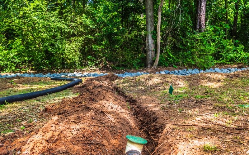 French drain with pop up valve in ground with trench dug for an extension to be added